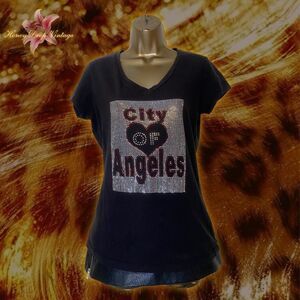 Next Level Black City of Angeles Rhinestone Graphic V-Neck T-Shirt